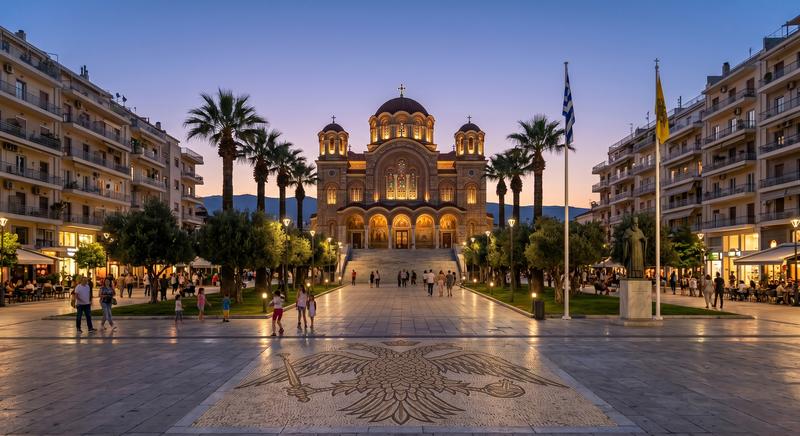 Church square at dusk, Greece — © Athanasios Panagiotopoulos